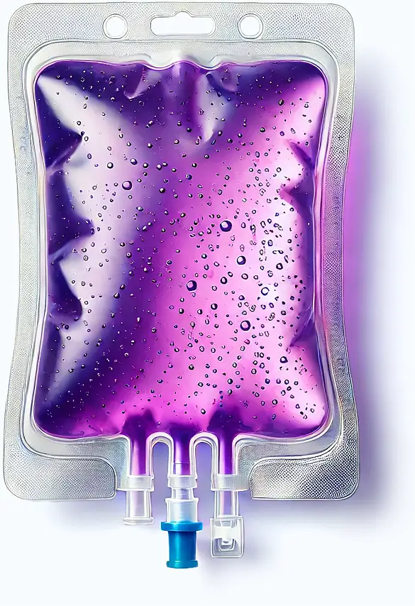 Illustration of a Jetlag IV therapy drip bag with glowing purple hues, symbolizing rejuvenation and energy recovery.