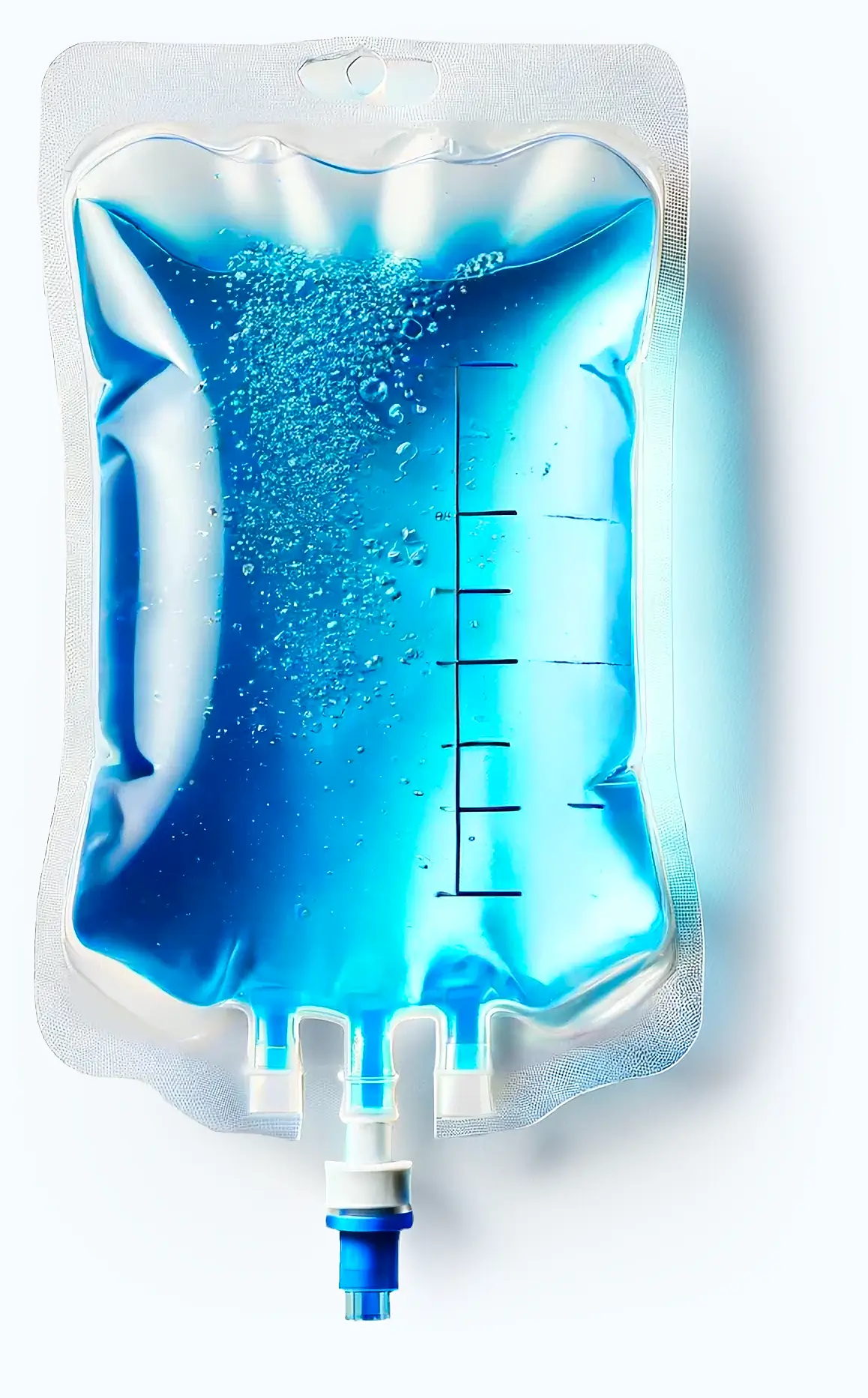 Close-up of a sports IV therapy drip bag highlighted with a cool blue tone to emphasize hydration and energy replenishment.